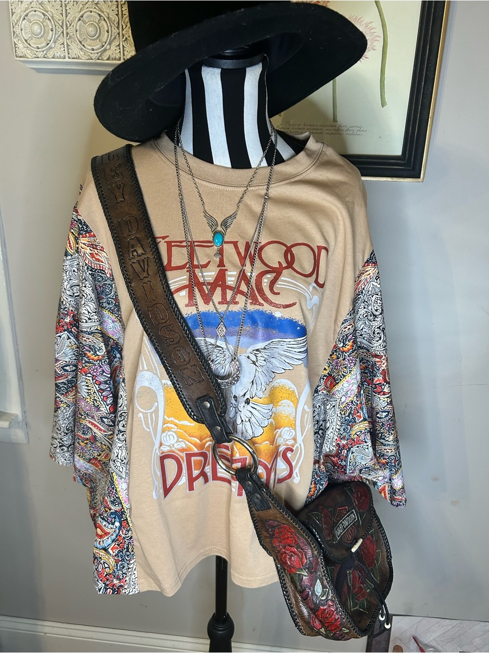Rare Upcycled Fleetwood Mac 'Dreams' Tan boho kimono sleeve Top M